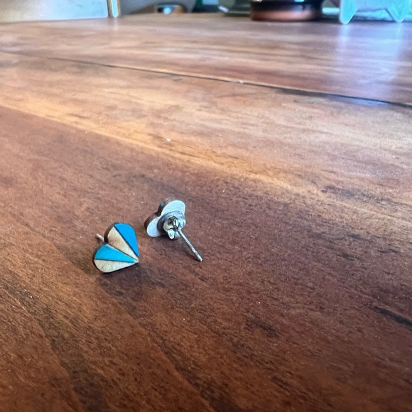 Wooden Heart Earrings, Striped—Pierced —Blue Teal Turquoise Brown—Local Artist - Picture 5 of 6